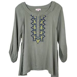 Pink Lily Women's Embroidered Henley Flowy Boho Blouse Olive Green Size Small